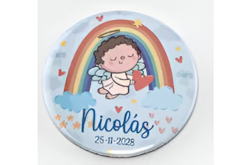 CHAPA ALFILER BEBÉ ÁNGEL CELESTE PERSONALIZADA. (MÍNIMO 15 Uds.)