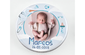 CHAPA ALFILER FOTO BEBÉ CELESTE PERSONALIZADA. (MÍNIMO 15 Uds.).